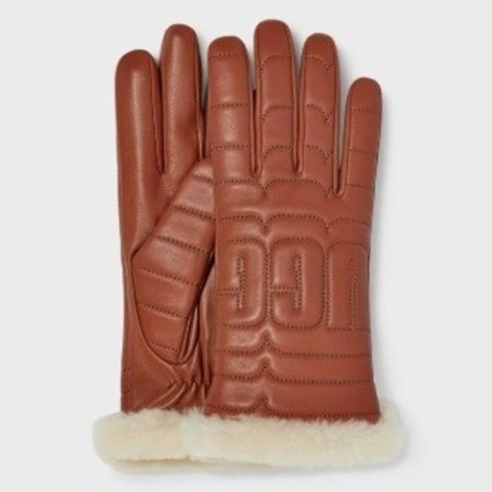 NWT UGG Genuine Leather‎ Quilted Logo Gloves, Size Med, Chestnut, Touchscreen